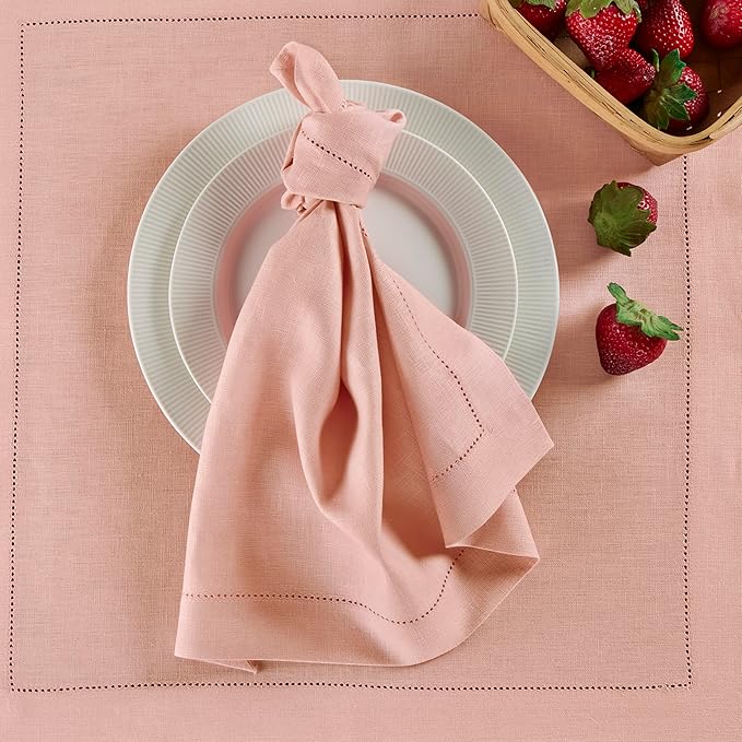 Solino Home Linen Napkins Set of 4 - Medium Weight 100% Pure Linen Hemstitch Misty Pink Dinner Napkins Cloth 20 x 20 Inch for Valentines - Handcrafted and Machine Washable