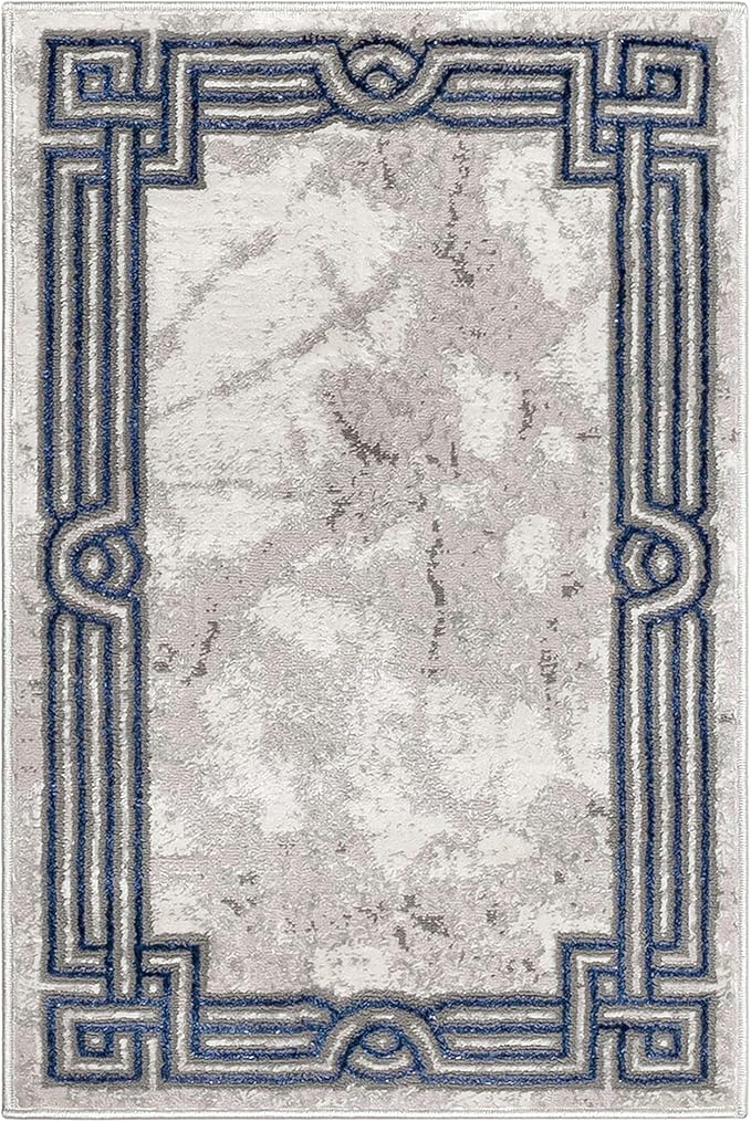 Well Woven Lezlee Abstract Modern 2' x 3' Area Rug - Blue Marble Border - for Entryway, Office, Accent
