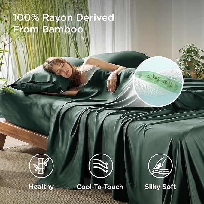 Bedsure King Size Sheets Set, Cooling Sheets for Hot Sleepers, Rayon Derived from Bamboo, Breathable & Soft, Deep Pocket Up to 16 Inches, Hotel Luxury Silky Bedding, Forest Green