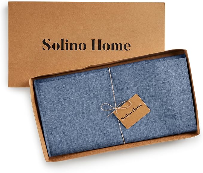 Solino Home Linen Cloth Tablecloth 52 x 52 Inch - 100% Pure Linen Blue Denim Square Tablecloth - Athena, Machine Washable Table Throw