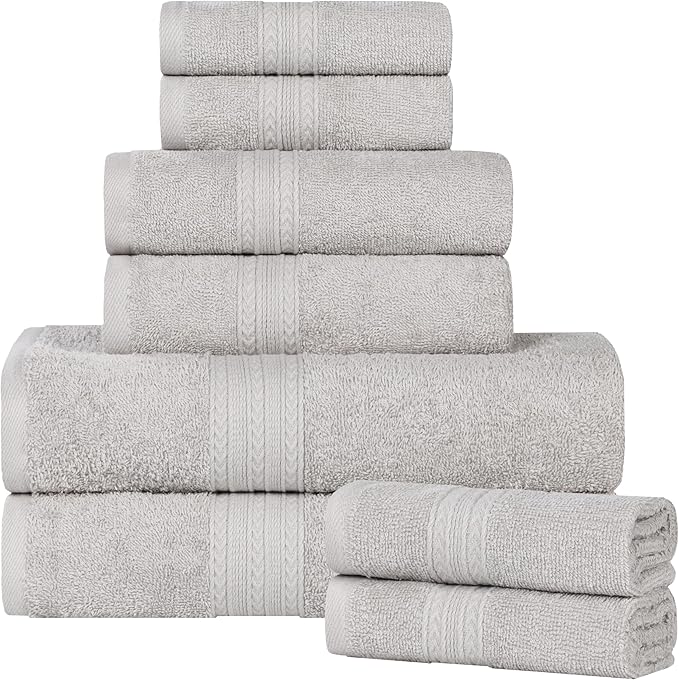 Superior Eco-Friendly Cotton 8-Piece Towel Set, Bathroom, Shower, Quick Dry Home Essentials, Lightweight, Sustainable Towels, 2 Bath, 2 Hand, 4 Face Towels, Washcloth, Highly Absorbent, Silver