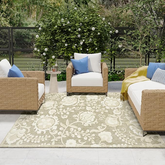 Nourison Home Aloha Ivory Sage 7'10" x 10'6" Area Rug - Easy Clean, Non Shedding, Bed Room, Living Room, Dining Room, Kitchen (8' x 11')