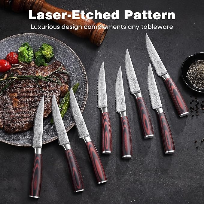 PAUDIN Steak Knives 4.5 Inch, Steak knives Set of 8, High Carbon Stainless Steel Steak Knife Set, Sharp Serrated Steak Knife with Pakkawood Handle, Kitchen Steak Knives with Gift Box