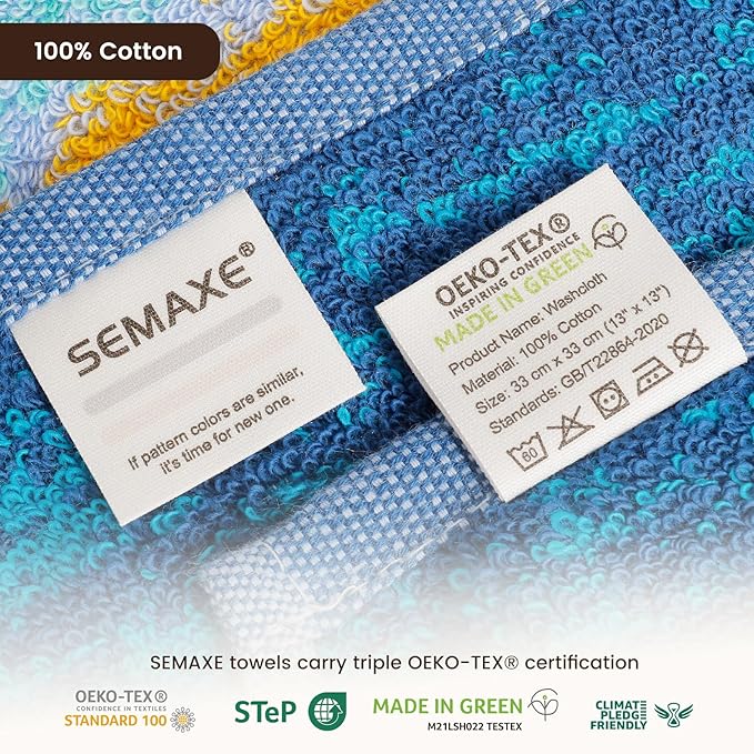 SEMAXE 100% Cotton Washcloths for Bathroom - 24 Pack, Quick-Dry Face Towels with Hanging Loop, Highly Absorbent and Soft, 13x13 Inch, Deep Blue | Light Blue