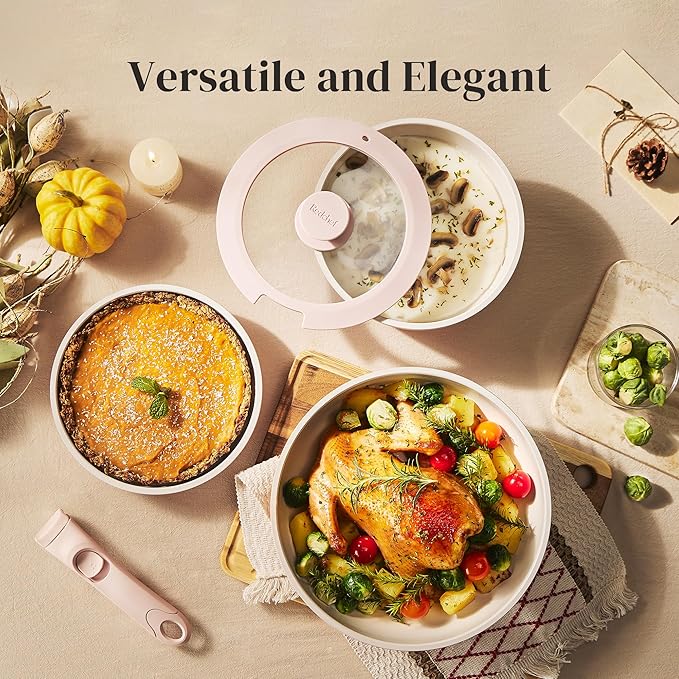 Redchef Ceramic Cookware Set, Removable Handle Pots and Pans Non-Stick, Rv Cookware Set, Non-Toxic Pots and Pans Set No PFAS, PTFE, PFOA, Detachable Pots and Pans, Dishwasher & Oven Safe (Pink)