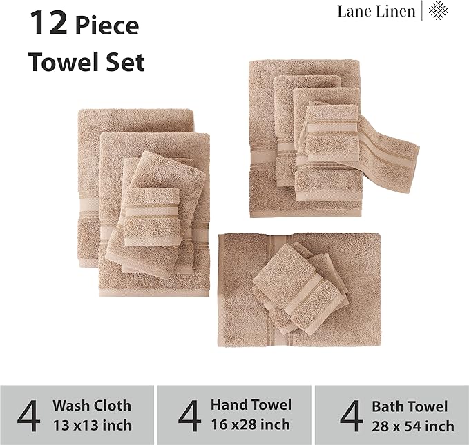 LANE LINEN Towel Sets for Bathroom - 12-Pack 100% Cotton Towels, Zero Twist, 4 Bath, 4 Hand & 4 Washcloths, Soft & Highly Absorbent, Premium Hotel & Spa-Quality Design, Easy to wash - Tapue