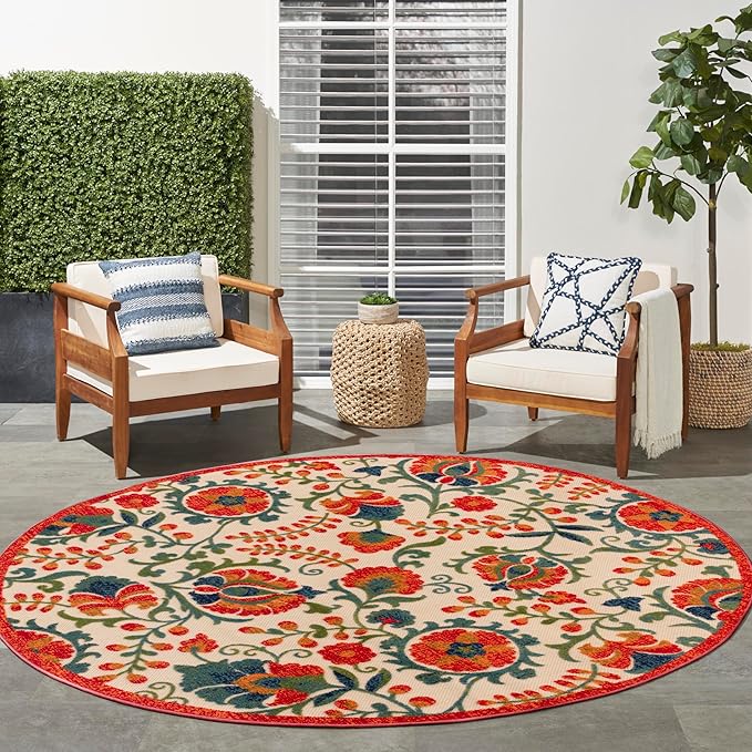 Nourison Home Aloha Red Multicolor 7'10" x Round Area Rug - Easy Clean, Non Shedding, Bed Room, Living Room, Dining Room, Kitchen (8' x Round)