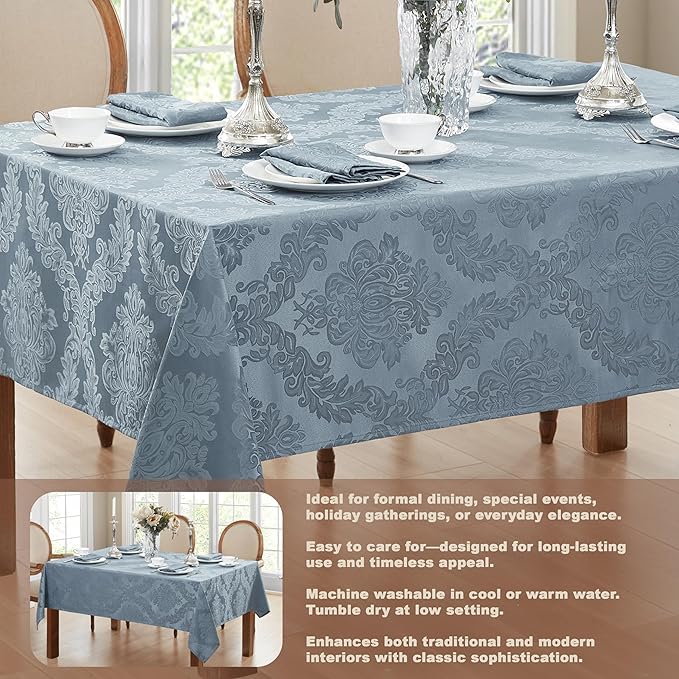 Newbridge Christmas Barcelona Damask Fabric Tablecloth, 60 x 144 Inch Rectangle, Blue – No Iron, Soil Resistant Table Cover for Dining, Parties and Holidays