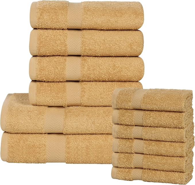 Superior 12-Piece Cotton Assorted Towel Set, Includes 6 Face/Washcloths, 4 Hand, and 2 Bath Towels, Lightweight Essentials, for Home, Gym, Beach, Bathroom, Quick Drying, Franklin Collection, Gold