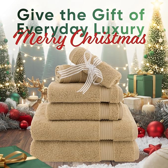 American Veteran Towel, 6 Piece Towel Set for Bathroom, 100% Cotton Turkish Bathroom Towels, 2 Bath Towels 2 Hand Towels 2 Washcloths, Beige