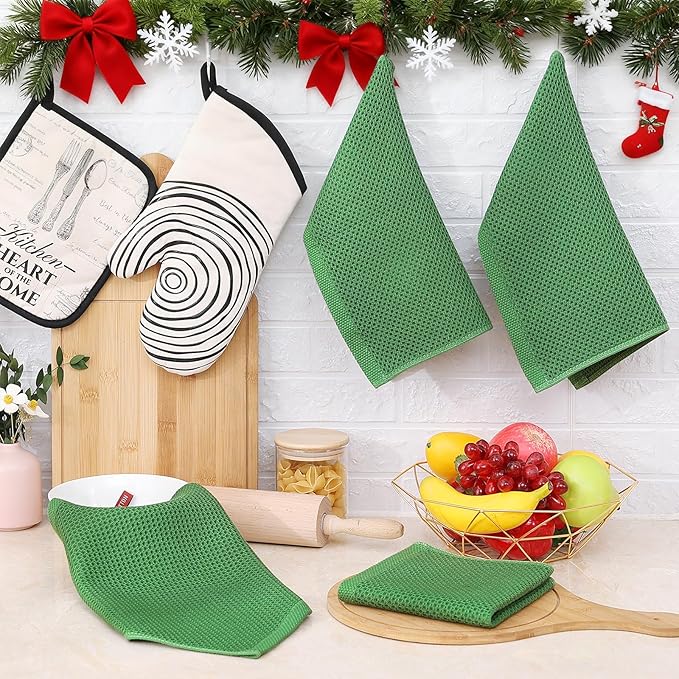 Homaxy 100% Cotton Waffle Weave Kitchen Dish Cloths, Ultra Soft Absorbent Quick Drying Dish Towels, 12 x 12 Inches, 6-Pack, Grass Green