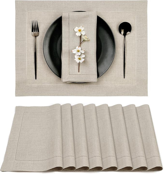 D'Moksha Homes Linen Placemats Set of 8 - Classic Hemstitch Natural Placemats 14 x 19 Inch - 100% Pure Linen Table Mats for Winter, Christmas, Holiday, New Year - Handcrafted and Machine Washable