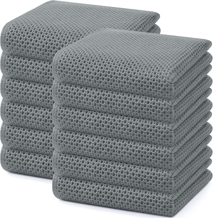 Homaxy 100% Cotton Waffle Weave Kitchen Dish Towels, Ultra Soft Absorbent Quick Drying Cleaning Towel, 13 x 28 Inches, 12-Pack, Grey