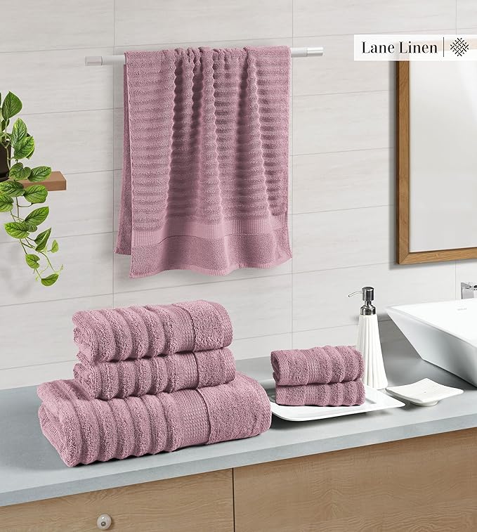 LANE LINEN 6-Piece Towel Set – 100% Cotton, Quick Dry, Zero Twist, Ribbed, Luxury Bath Towels, Includes 2 Bath Towels, 2 Hand Towels, 2 Washcloths, Premium Everyday Use - Wishful Mauve