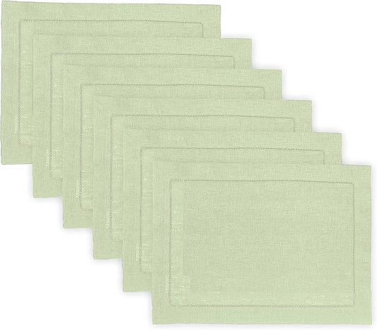 Solino Home Linen Cloth Placemats Set of 6-100% Pure Linen Hemstitch Sage Green Placemats 14 x 19 Inch - Classic Hemstitch Table Place Mats for Winter, New Year