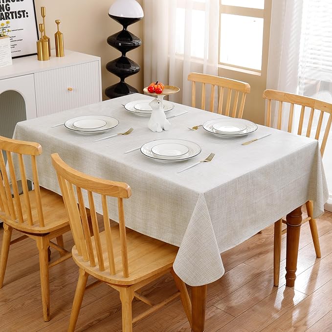 Heavy Duty Vinyl Tablecloth with Flannel Backing Waterproof Oil-Proof Plastic Table Cloth Stain-Resistant Wipeable Rectangle or Square Table Cover for Indoor and Outdoor (Beige Striped,54x54 Inch)