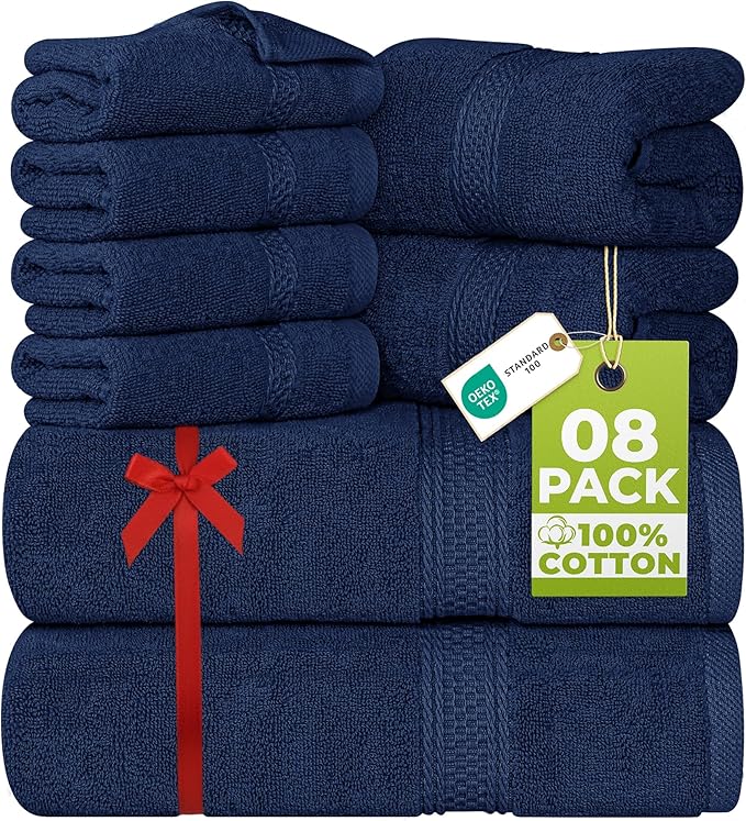 Utopia Towels 8 Piece Luxury Towel Set – Majestic Plush, Super Absorbent & Quicker-to-Dry, Thick 100% Ring Spun Cotton Towels for Bathroom, Spa & Hotel – 2 Bath, 2 Hand, 4 Washcloths, Navy Blue
