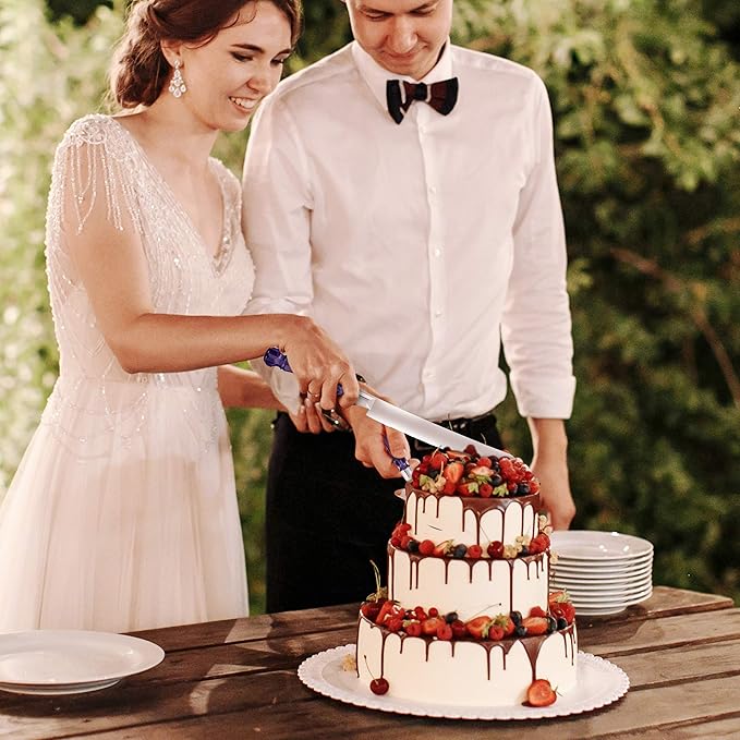 Cake Knife and Server Set, Cake Cutter and Pie Spatula, Cake Server and Knife Set with Acrylic Crystal Handles, Cake Cutting Set for Wedding Cake – 1.2mm Thick Blades, Birthdays, and Parties (Blue)