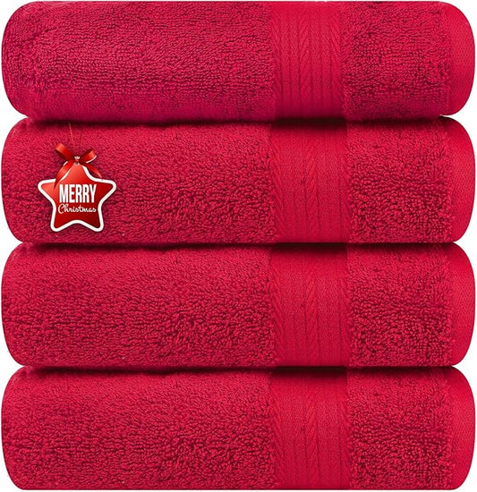 Ample Decor Hand Towel 18 X 28 Inch Pack of 4 600 GSM 100% Cotton, Soft Absorbent Thick Durable Premium Quality, for Hotel, Bathroom, Spa, Daily Use, Gym - Christmas Red