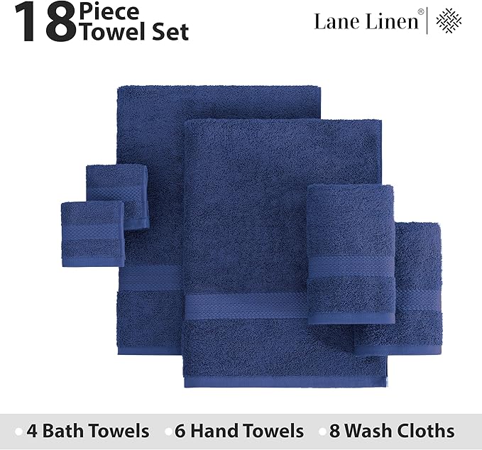 LANE LINEN 100% Ringspun Cotton Premium Turkish Bath Towel Set, 18Cs - 4 Bath Towels, 8 Washcloths, 6 Hand Towels for Bathroom - Eco Friendly & Gentle on Skin, Oeko-Tex Certified - Navy Blue