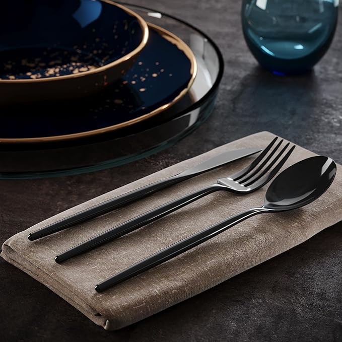 Trendables Black Plastic Silverware Set Black Silverware Disposable Forks and Spoons Disposable 360 Pack Plastic Utensils Set Includes 3 x 120 each Knives & Spoons & Forks For Parties and Events