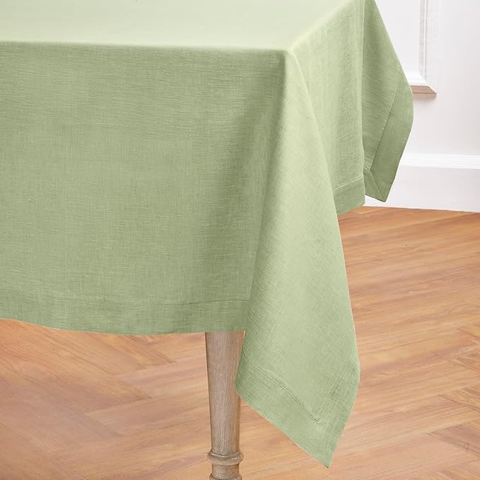 Solino Home Linen Tablecloth 60 x 132 Inch - 100% Pure Linen Chambray Olive Table Cloth for Rectangular Tables - Athena, Machine Washable Cloth Tablecloth for Christmas