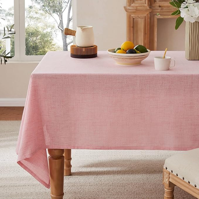 Linen Tablecloth for Rectangle Table, 60x84 Inch Pink, Farmhouse Style Pink Tablecloth, Water Resistant Burlap Tablecloths for Dining Table Farmhouse Kitchen
