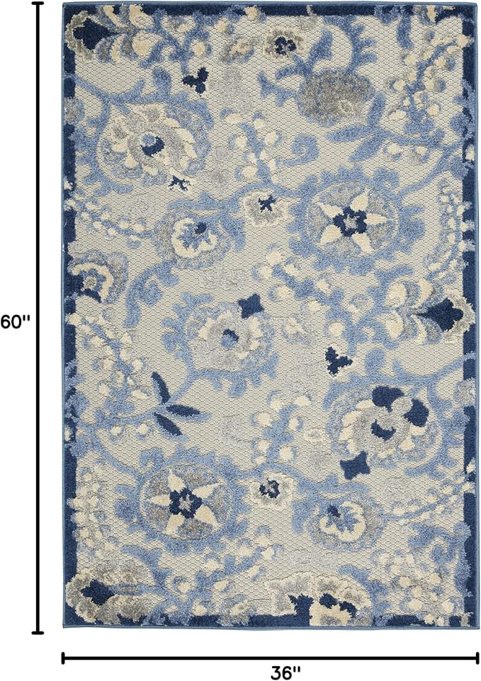 Nourison Home Aloha Blue Grey 3' x 5' Area Rug - Easy Clean, Non Shedding, Bed Room, Living Room, Dining Room, Kitchen (3' x 5')