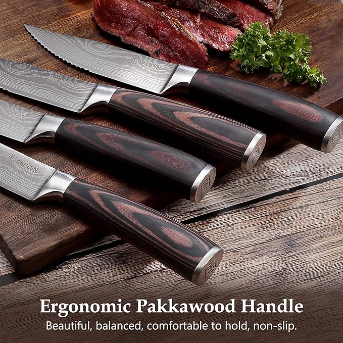 PAUDIN Steak Knives Set of 6, Ultra Sharp Steak Knives 5.25 inch, High Carbon Stainless Steel Steak Knife Set, Serrated Steak Knife with Pakkawood Handle for Steak House Restaurant