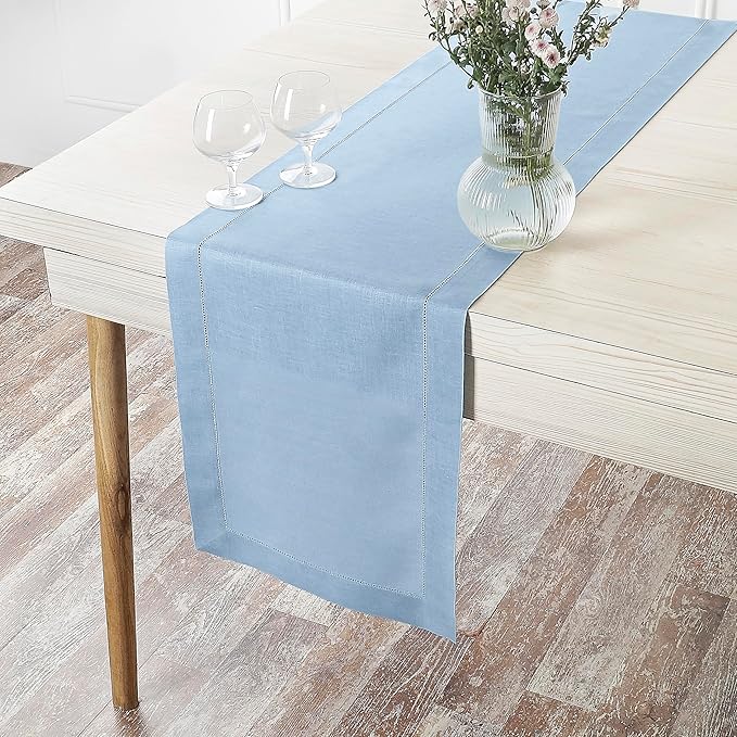 D'Moksha Homes Linen Powder Blue Table Runner 108 Inches Long - 100% Pure Linen 14 x 108 Inch Table Runner for Winter, Holiday, New Year - Classic Hemstitch