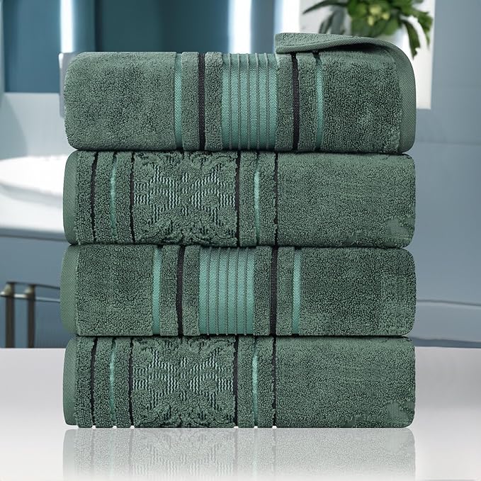 Superior Cotton Bath Towel Set, Large Plush Absorbent Body Towels, Luxury Soft Quick Drying, Shower, Spa, Pool, Guest Bathroom, Home Essentials, Zero Twist, Assorted Design, Set of 4, Forest Green