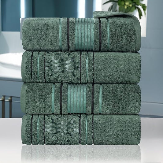 Superior Cotton Bath Towel Set, Large Plush Absorbent Body Towels, Luxury Soft Quick Drying, Shower, Spa, Pool, Guest Bathroom, Home Essentials, Zero Twist, Assorted Design, Set of 4, Forest Green