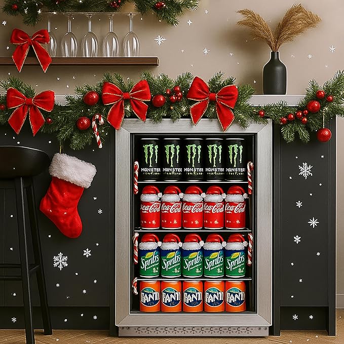 20 Inch Under Counter Beverage Fridge with Glass Door, Beverage Refrigerator Cooler 120 Can,Built in or Freestanding,Fast Cooling,Quiet ≤39 dBs,Blue LED Light Cooler for Bar, Home, Office