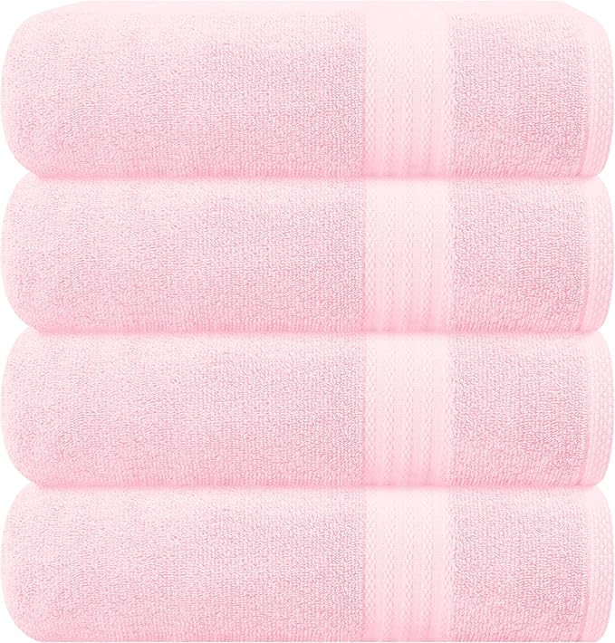 GLAMBURG Premium Cotton 4 Pack Bath Towel Set - 100% Pure Cotton - 4 Bath Towels 27x54 - Ideal for Everyday use - Ultra Soft & Highly Absorbent - Pink