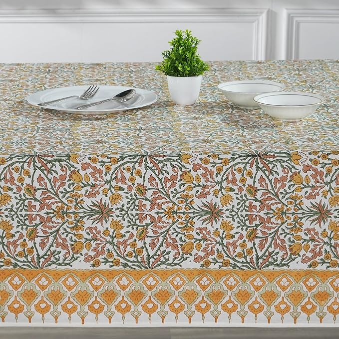 Ridhi Goldenrod Yellow Hand Block Print Cotton Rectangle Tablecloth 108" x 70" inches Reusable Table Cover Decorative Everyday Use for Dining, Farmhouse, Home, Party, Festive, Wedding, Fall