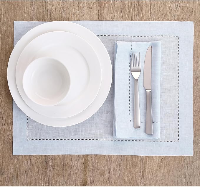 Solino Home Light Blue Linen Napkins Set of 4-100% Pure Linen Hemstitch Dinner Napkins 20 x 20 Inch for Winter, New Year - Classic Hemstitch