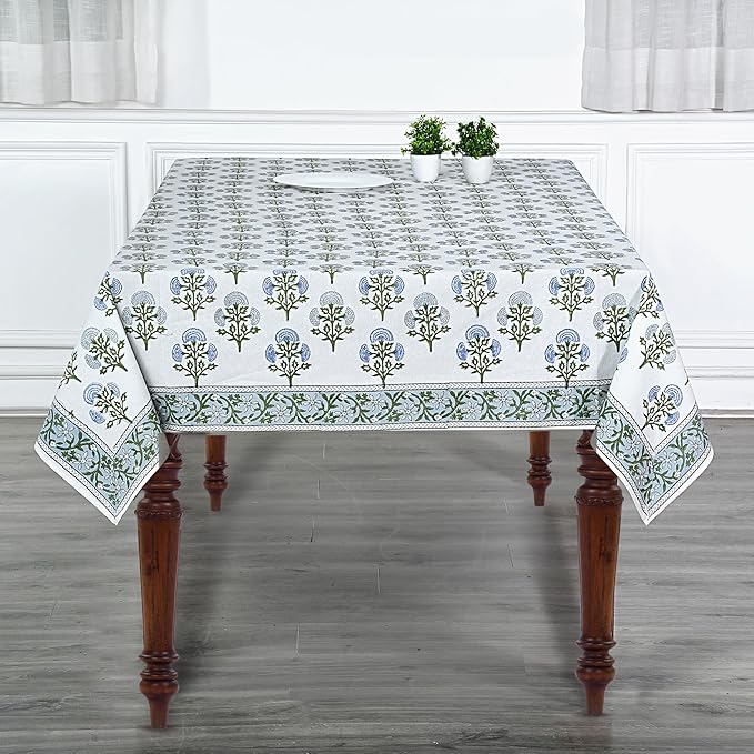 Ridhi Mughal Buta Blue Hand Block Print Cotton Rectangle Tablecloth 120" x 80" inches Reusable Table Cover Decorative Everyday Use for Dining, Farmhouse, Home, Party, Festive, Wedding, Fall