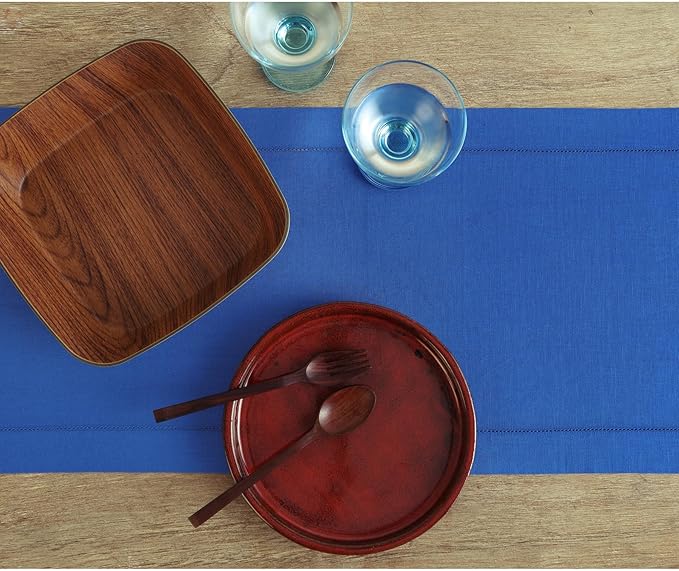 Solino Home Linen Royal Blue Table Runner 156 Inches Long - 100% Pure Linen Extra Long Table Runner 14 x 156 Inch for New Year - Classic Hemstitch