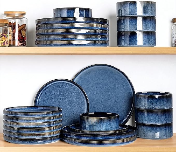 TheTerra Ceramic Dinnerware Sets for 8, 24 Pieces Porcelain Lightweight Speckled Plates and Bowls Sets, Scratch Resistant Dish Set, Oven & Microwave & Dishwasher Safe, Starry Blue