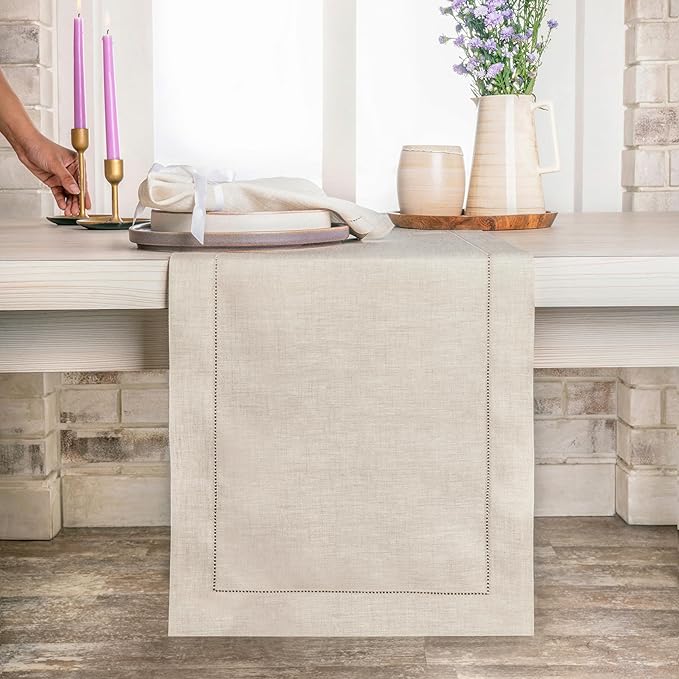 D'Moksha Homes Linen Light Natural Table Runner 36 Inches - 100% Pure Linen Small Table Runner 14 x 36 Inch Ideal for Dresser, Coffee Tables, Winter, Holiday, New Year - Classic Hemstitch