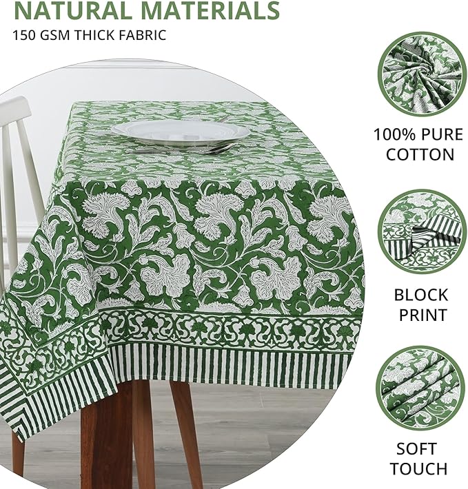 Ridhi Pantone Artichoke Hand Block Print Cotton Rectangle Tablecloth 190" x 72" inches Reusable Table Cover Decorative Everyday Use for Dining, Farmhouse, Home, Party, Festive, Wedding, Fall