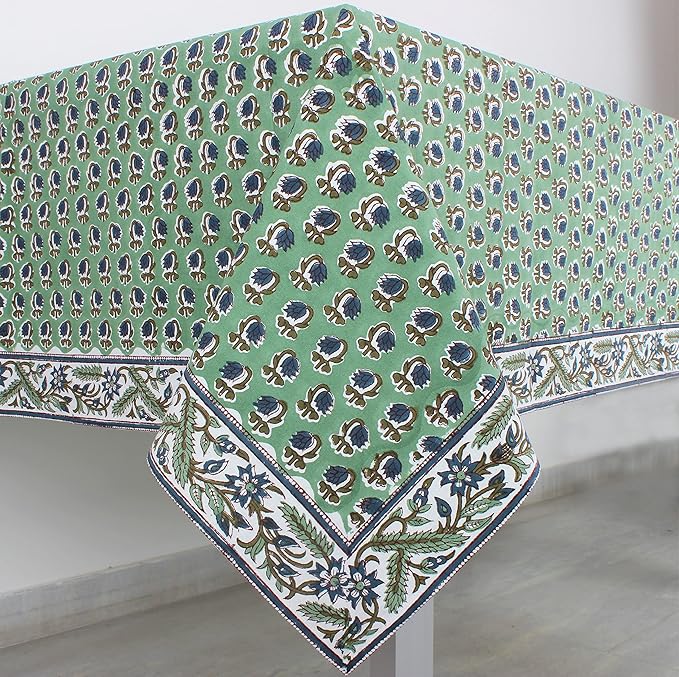 Ridhi - Basil Green, Peacock Blue Hand Block Print Cotton Cloth Dinning Table Cover Wedding Farmhouse Thanks Giving Christmas Spring Tablecloth (14 Seater 72X160 Inch Rectangle)