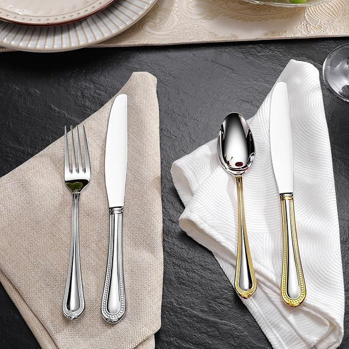 KEAWELL Pearl Edge 4-Piece Premium Fork Set, 18/10 Stainless Steel, Fine Silverware Forks with Mirror Finish and Exquisite Craftsmanship, Gold Accent, Dishwasher Safe (4, 7.3" Salad Forks)