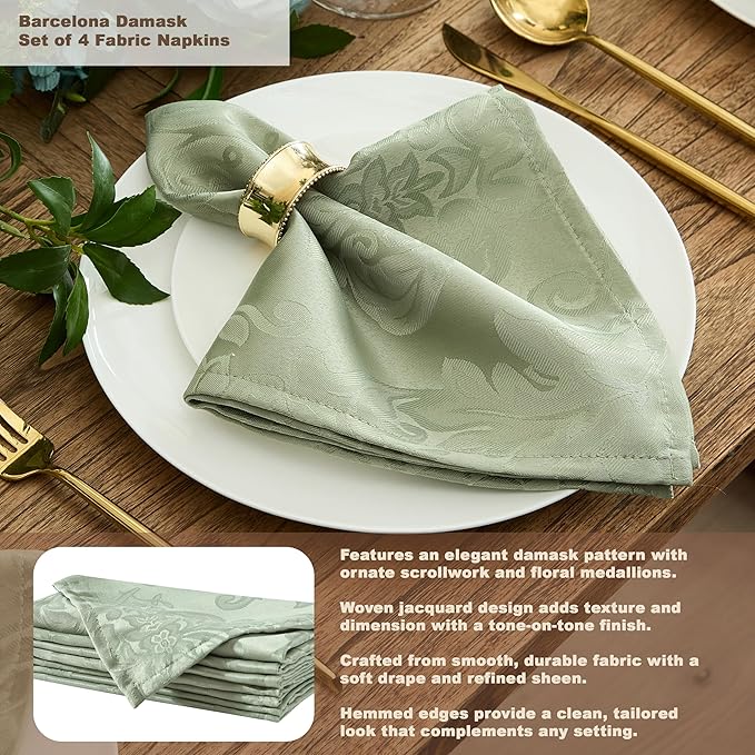 Newbridge Christmas Barcelona Damask Fabric Napkins, Set of 4, Sage Green – No Iron, Soil Resistant Cloth Napkins for Dining, Parties and Holidays