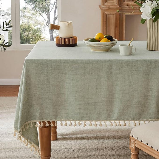 Linen Tablecloth with Tassels, Farmhouse Style Green Tablecloth, Water Resistant Burlap Tablecloths for Rectangle Table, 60x104 Inch Green
