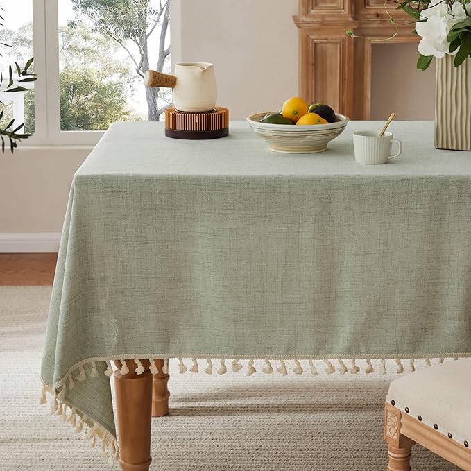 Linen Tablecloth with Tassels, Farmhouse Style Green Tablecloth, Water Resistant Burlap Tablecloths for Rectangle Table, 52x70 Inch Green