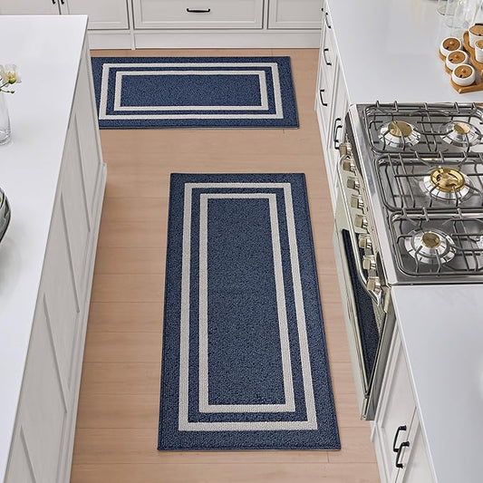 Nautica – Runner Rug 2 Piece Set | Indoor Runners for Hallways and Entry Rugs| Non-Skid Entry and Kitchen Door Mat| Machine Washable Carpet Rugs | 2'2" x 3'9" and 2'2" x 5' | Double Border Denim