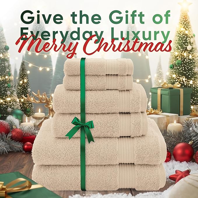 American Veteran 6 Piece Luxury Towel Set, 100% Cotton Turkish Towels - 2 Bath, 2 Hand, 2 Washcloths, Beige