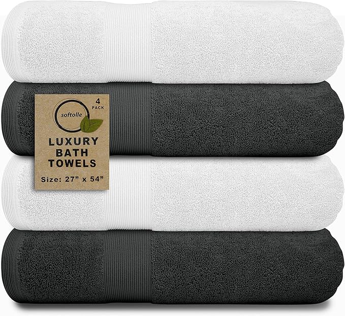 Softolle Luxury Bath Towels Set of 4 (27” x 54”) | Towels for Bathroom | Super Soft | Highly Absorbent Towels for Home, Spa, Gym (Grey-White)