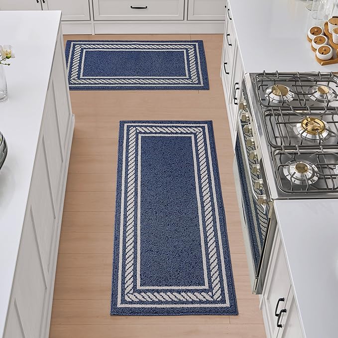 Nautica – Runner Rug 2 Piece Set | Indoor Runners for Hallways and Entry Rugs| Non-Skid Entry and Kitchen Door Mat| Machine Washable Carpet Rugs | 2'2" x 3'9" and 2'2" x 5' | Rope Border Denim
